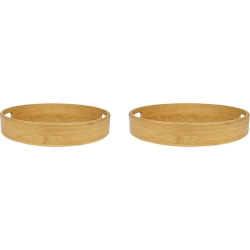 Natural Round Serving Tray Set Wooden Bamboo Circle Tray with Handles for Coffee Table, Food, Restaurant Home Party