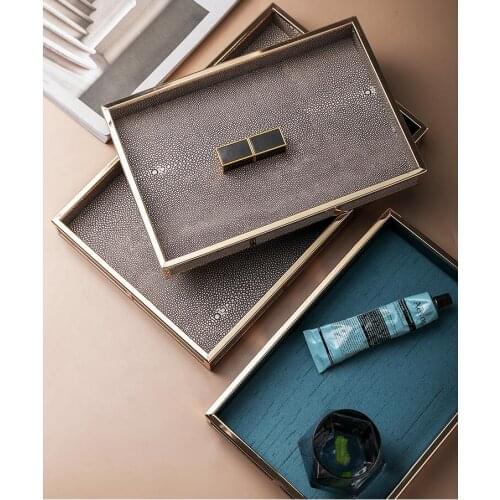 Simple Copper Strip Leather Storage Tray Creative Rectangular Tea Tray Food Tea Cup Jewelry Box Modern Desktop Cosmetic Storage