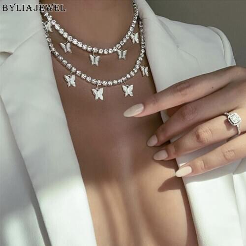 Luxury Shining Crystal Rhinestone Choker Necklace Wedding Party Jewelry for Women Personality Butterfly Pendant Necklace Gift