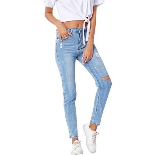 Ripped Jeans For Women Summer Hight Waist Skinny Jeans Female Washed Blue Stretch Pencil Denim Pants