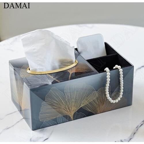 Nordic Golden Stroke Glass Tissue Boxes Creative Gold Apricot Leaf Decorative Desktop Pumping Paper Storage Box Home Decoration