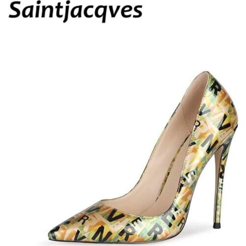 Ladies High Heels Colorful Graffiti Mirror Smooth Leather Women Shoes Pumps Pointed Toe Stiletto Heels 12cm Fashion Female Shoes