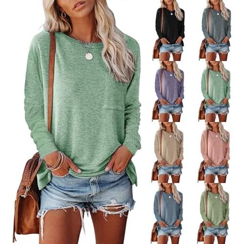 Round Neck Women Tshirts with Pocket Split Long-sleeved Casual Style S-xxl Sizes Loose Bottoming T Shirt for Women