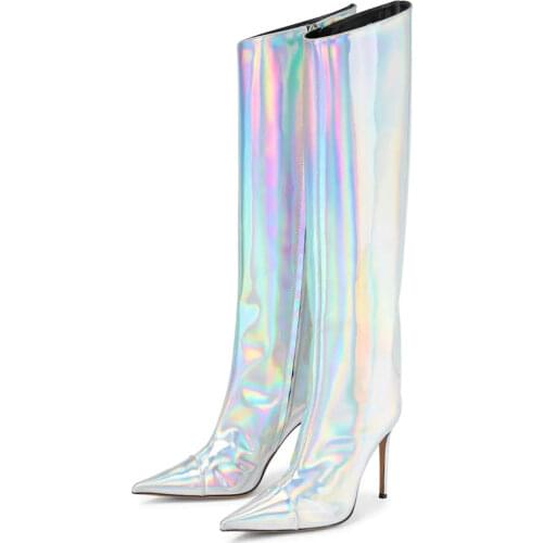 BuonoScarpe Women Runway Stiletto Heel Boots Mirror Leather Metallic Over The Knee Boots Super High Heels Zipper Boots Plus Size