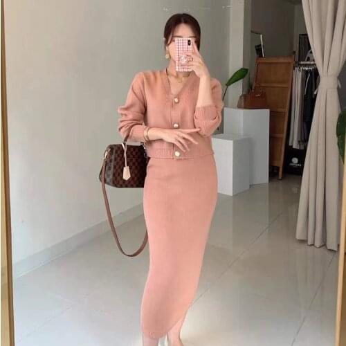 Korean Elegant Knitted Two Piece Set Women V-neck Single Breasted Cardigan + Slim Long Skirts Suits Female Autumn Winter New