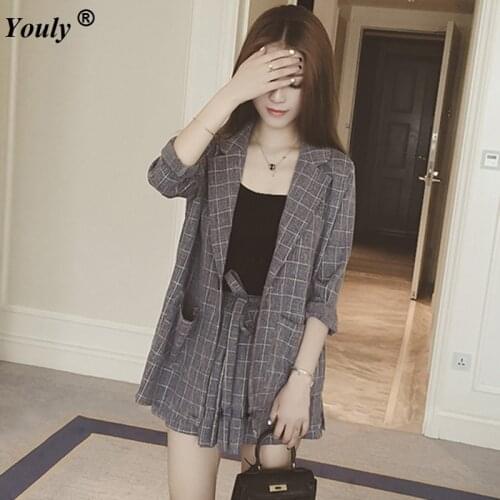 Plaid Turn-down Collar Blazers Shorts Two Piece Suit Sets 2020 Women Vintage Neutral beauty Plaid Blazer Bow Shorts Office Suits
