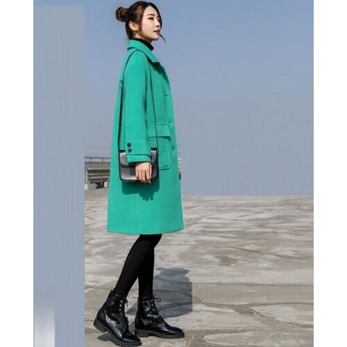 Outerwear Elegant Casual Female Overcoat 2021 Autumn Winter Coat Woolen Jacket Women Long Sleeves Black Green Single-Breasted