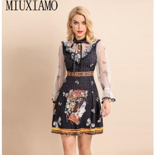 MIUXIMAO 2021 Summer Runway New Women Pretty Print Vintage Casual Lace Ruffles Elegant Full Sleeve Fashion Mini Dress Vestidos