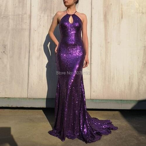 134 Purple Fashion Halter Spaghetti Strap Mermaid/Trumpet Floor-Length Women Sequin Evening-Dresses/Formal Gowns Free Shipping
