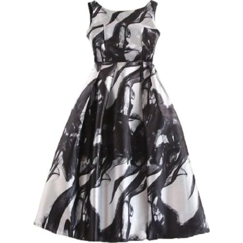 BunniesFairy Celebrity-inspired Women Elegant Vintage Ink Painting Floral Print High Waist Midi Flare Dress Vestido de Fiesta