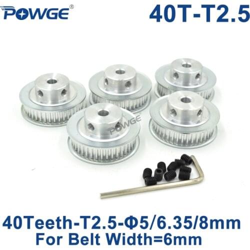 POWGE 5pcs 40 Teeth T2.5 Timing Pulley Bore 5mm 6.35mm 8mm for width 6mm T2.5 Open Synchronous Belt T2.5 Belt Pulley 40Teeth 40T
