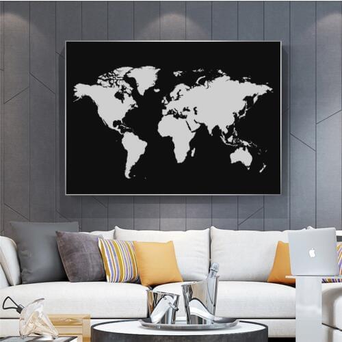Abstract Black and White World Map Paintings on Canvas Modern Map Poster and Print Wall Art Picture for Living Room Cuadros