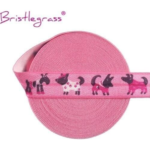 BRISTLEGRASS Wholesale 50 Yard 5/8" 15mm Pink Dog Print Fold Over Elastic FOE Spandex Satin Band Tape Headband Dress Sewing Trim