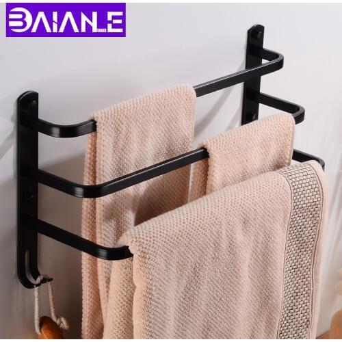 Towel Bar Holder Black Aluminum Three Layer Towel Rack Wall Mounted Bathroom Towel Hanger with Hook Bathroom Shelf Corner Shower