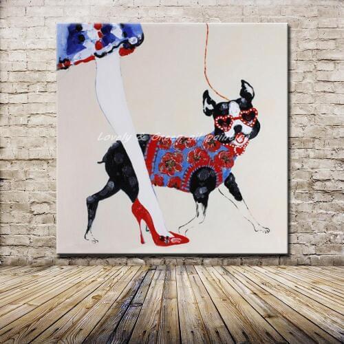 Mintura Hand Made Cartoon Animal Dog And Girl Decorative Pictures Modern Abstract Canvas Oil Paintings Wall Art For Home Bedroom
