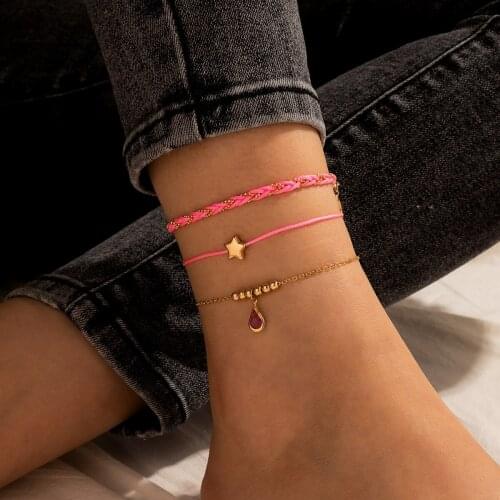 Docona Bohemia Red Gem Anklets for Women Simple Hand Made Rope Water Drop Stone Foot Chains Ladies Jewelry Accessories 15829