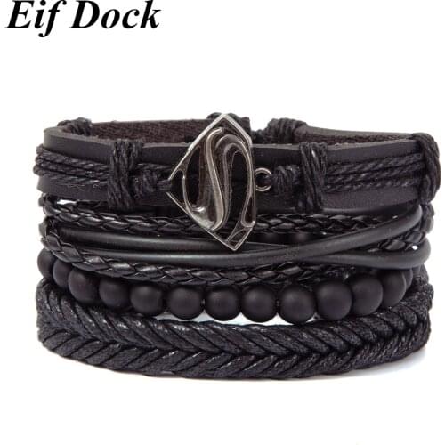 Eif Dock 2021 Vintage Black Bead Bracelets For Men Fashion Hollow Triangle Leather Bracelet & Bangles Multilayer Wrap Jewelry