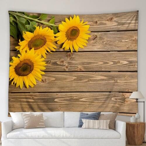 Retro Wooden Plank Flower Tapestry Sunflower Floral Green Leaves Plants Bedroom Living Room Mural Wall Hanging Blanket Bedspread
