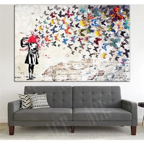 Graffiti Art Abstract Canvas Painting Posters and Prints Woman Butterfly Wall Canvas Artist Home Decoration Frameless