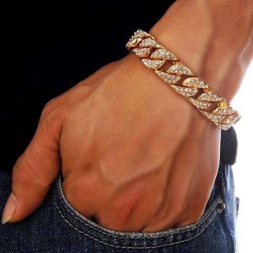 Hip Hop Heavy Mens Iced Out Cuban Link Finish Miami Full Crystal Chain Bracelet 14k Gold Filled Stainless Steel for Men Jewelry