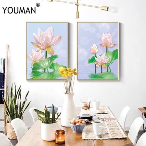 Chinese Frameless Poster Wallpaper Beautiful lotus Modern 3D Canvas Painting Art Poster Print Art Wall Picture Childrens Room