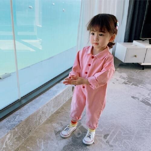 Girls' Jumpsuit Single-breasted Jumpsuit Trousers 2020 Autumn New Childrens Wear 3-8 Years Old