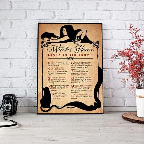 Metal Sign Witch and Cat Home Rule Poster Home Indoor Bar Outdoor Wall Art Poster Decoration Retro Metal Sign 8X12 Inch