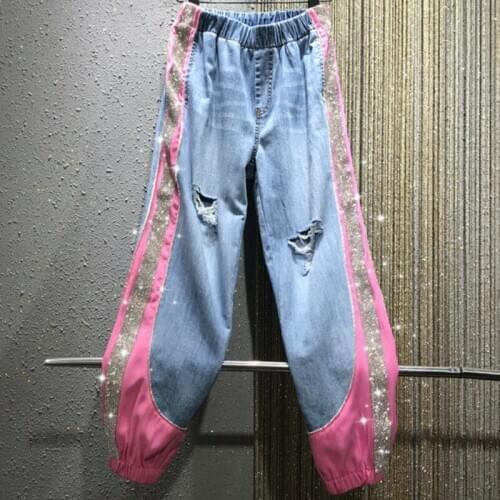 Sweet Girl Korea Womens Team Fashion Woman Slim Jeans Stage Hip-Hop Sweatpants Harajuku Girl Punk Hot Drilling Sequined Jeans