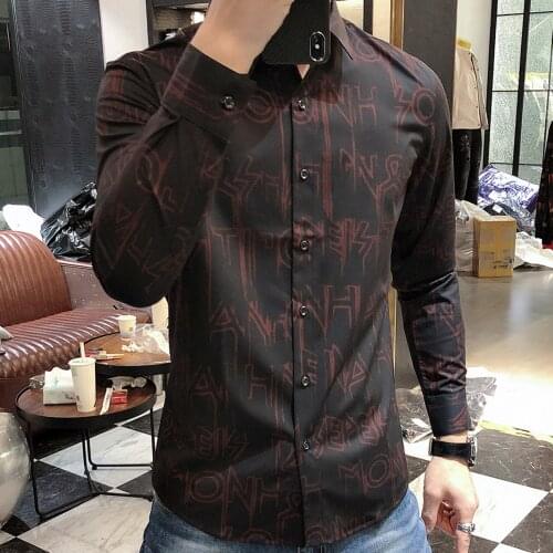 Business Casual Shirt Slim Fit Streetwear Dress Social Party Chemise Homme Letter Printing Shirts Men 2021 Spring Long Sleeve
