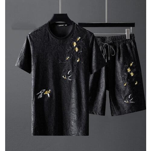 Summer high-end leisure sports Outfits mens personality plum blossom embroidery slim Korean shorts short sleeve two-piece set