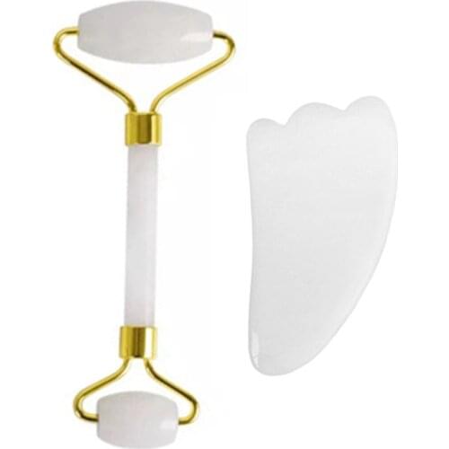 Natural White Jade Roller Guasha Board Scraper Set Rose Quartz Face Roller Black Obsidian Massage Gua Sha Tool Facial Massager