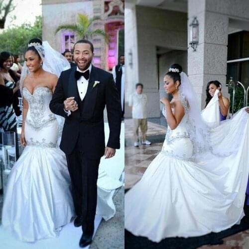 New Arrival South African Mermaid Bridal Gowns Sexy Sweetheart Shiny Crystals Beaded Satin White Wedding Gown Dresses