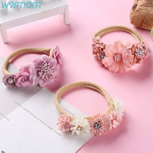 Warmom Lovely Princess Baby Headband Kawaii Accessories Pink Flower Pearl Nylon Stretch Headband Floral Kids Hair Band
