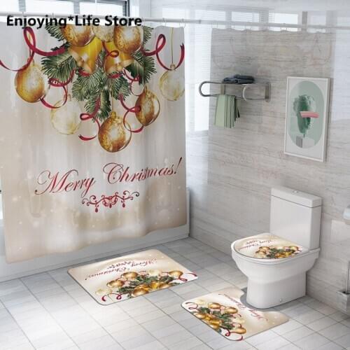 Christmas Shower Curtain Mat Four-piece Bathroom Mat Set Bathroom Mats and Rugs