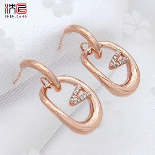 SHENJIANG Fashion 585 Rose Gold Metal Oval Cubic Zirconia Stud Earrings For Women Vintage Jewelry Fine Geometric Drop Earring