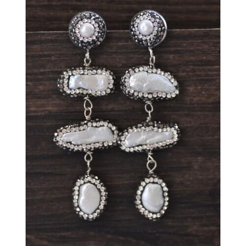 P7158 Handmade 22mm White Biwa Pearl Inlay CZ Dangle Earring