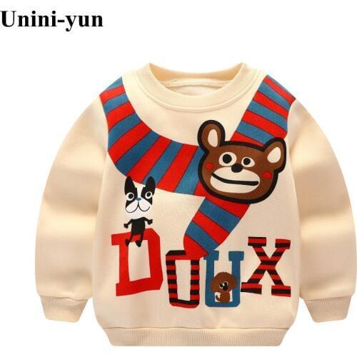 Unini-yun boys Hoodie baby girls fleece thick warm jackets Bear print hooded kids clothes sports clothes Beige color unisex top