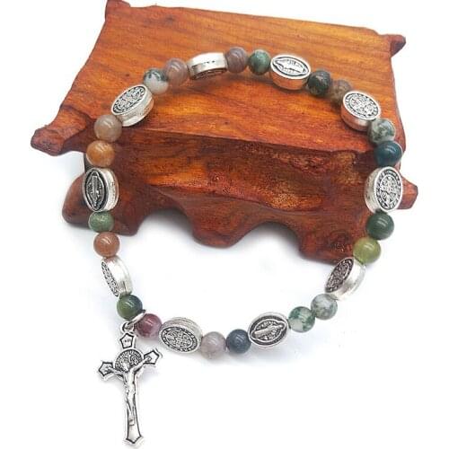 Vintage Catholicism Handmade Colorful Natural Stone Agate Women Religious Gift Rosary Beaded Cross Bracelets Jewelry Accessories