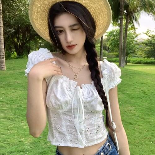 Blouse Temperament White Hollow Short-sleeved Shirt Female Design Sense Niche Summer New Korean Short Top