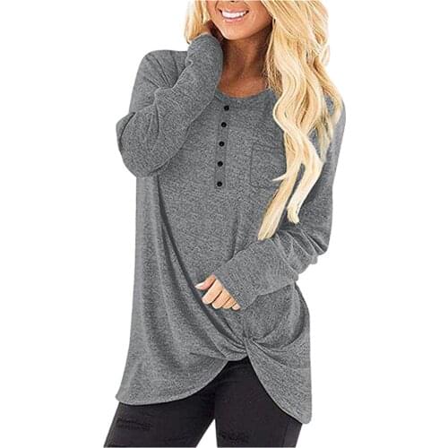 2021 Harajuku Tshirt Ladies Solid Crew Neck Pullover Tops Autumn Casual Loose Long Sleeve Tee Vacation Buttons T-shirts Pullover