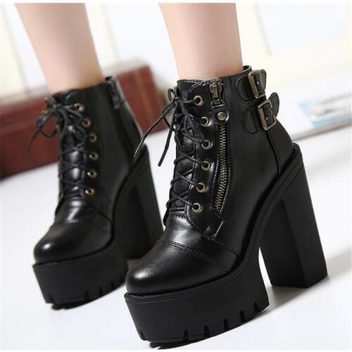 Hot Sale Russian Shoes Black Platform Boots Women Zipper Spring High Heels Shoes Lace Up Ankle Boots Leather Size 35-40