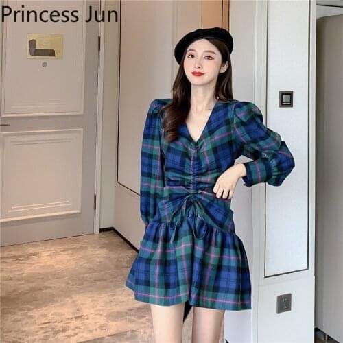 Women V Neck Plaid Short Dresses preppy style Contrast color Pleated Retro Out Dresses Fashion Ruched Spring Shirt Vestidos