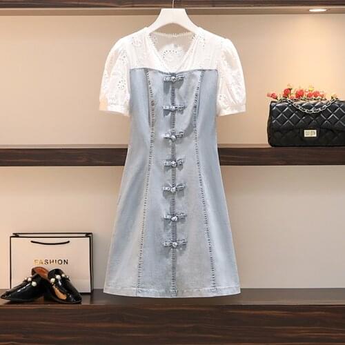 M-4XL plus size women sexy hollow out Summer dresses vestido 2021 short sleeve v neck Patchwork button vintage denim dress