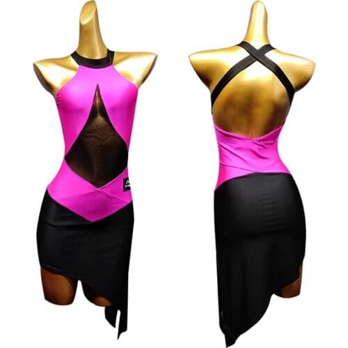 Hot Pink Dance Dress Latin Dance Practice Wear Women Sexy Open Back Leotard Dress Summer Performance New Latin Dance Costume