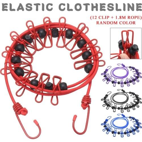 180cm Stretched Clothesline Tent Laundry Clothes Storage Line Rope Travel Drying Rack With 12 Pegs Clips Random Color