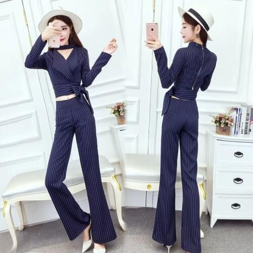 2018 Spring and Autumn new style Korean temperament Halter long-sleeved suit was thin striped wide leg pants fashion suit female