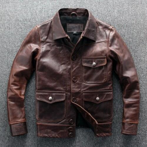 2020 Vintage Brown Japan Style Men Casual Jacket Plus Size XXXL Genuine Cowhide Autumn Slim Fit Short Leather Coat