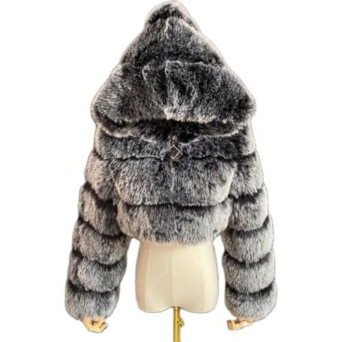 2020 High Quality Furry Cropped Faux Fur Coats And Jackets Women Fluffy Top Coat With Hooded Winter Fur Jacket Fox Fur Coats