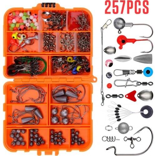 257pcs Texas Fishing Kit Including Crank Hook Sinker Weights Rolling Swivel Connector Bass Perch Sea Rock Fishing Tackle Box