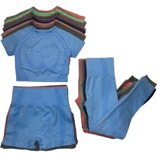 3Pcs Sports Suits Seamless Yoga Set Women Gym Workout Clothes Sports Short sleeve+Yoga Running Biker Shorts+Legging Shorts